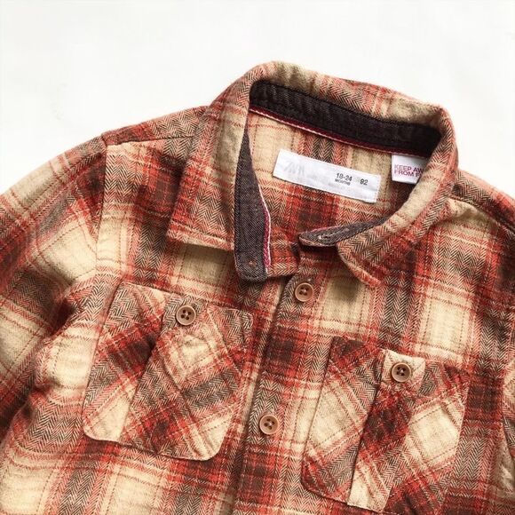Zara orange/tan plaid button down flannel top EUC 18-24 months - Picture 2 of 5